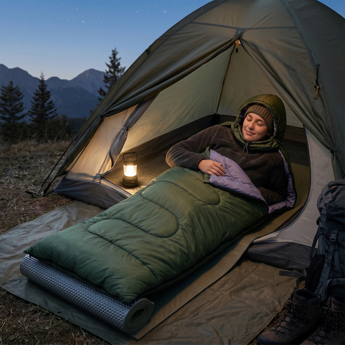 Hat-wearing sleeping bag in an envelope